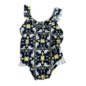 Janie and Jack Girls Ruffle Neck Blue White Yellow Abstract One Piece Swimsuit